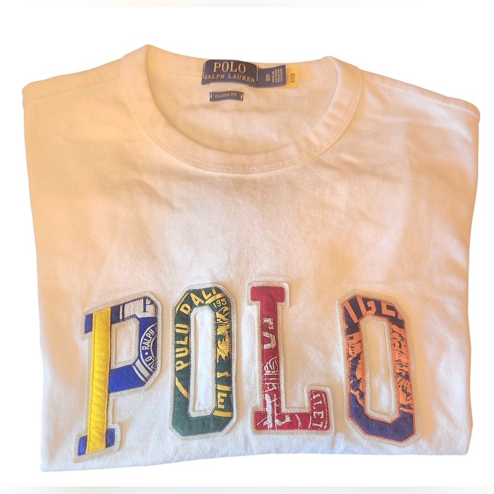 Polo by Ralph Lauren Rare Vintage Men's Cream Multucolor Logo T-Shirt, Size XL